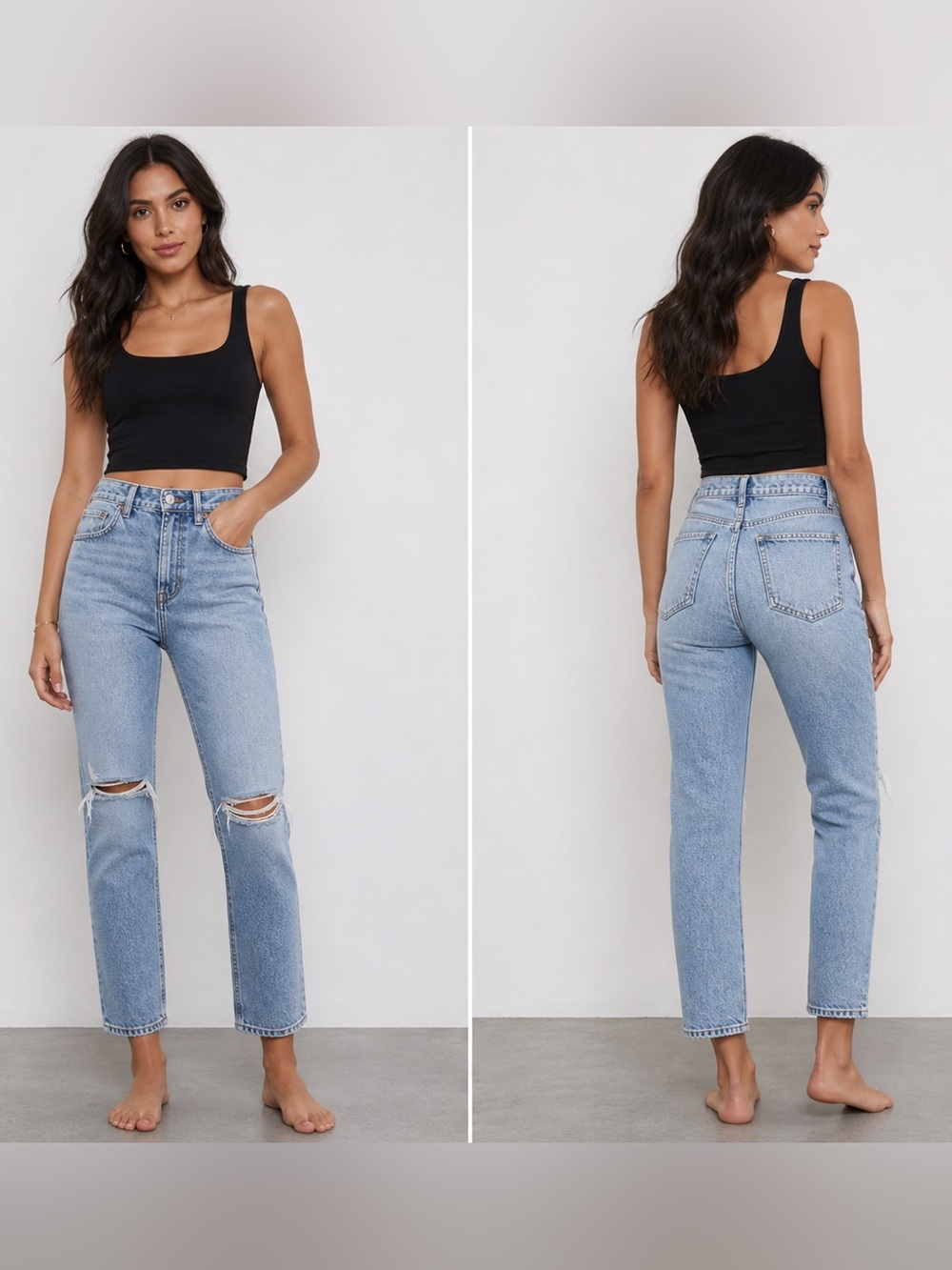 Zara Women's Light Blue High Rise Jeans ripped at the knee